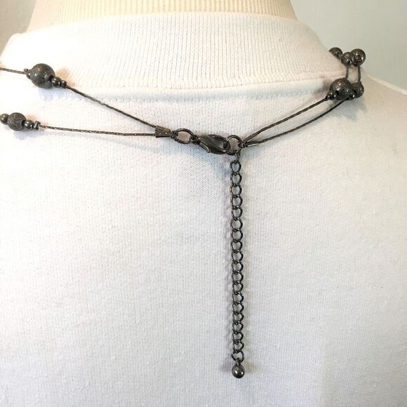 Beaded Necklace 34 inch Double Layer Triangle Chain Dark Gray Silver Tone - Picture 9 of 11
